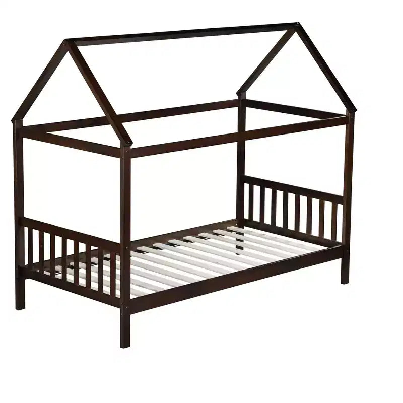 MAYEERTY Twin Rubber Wood Bed with House Frame Brown