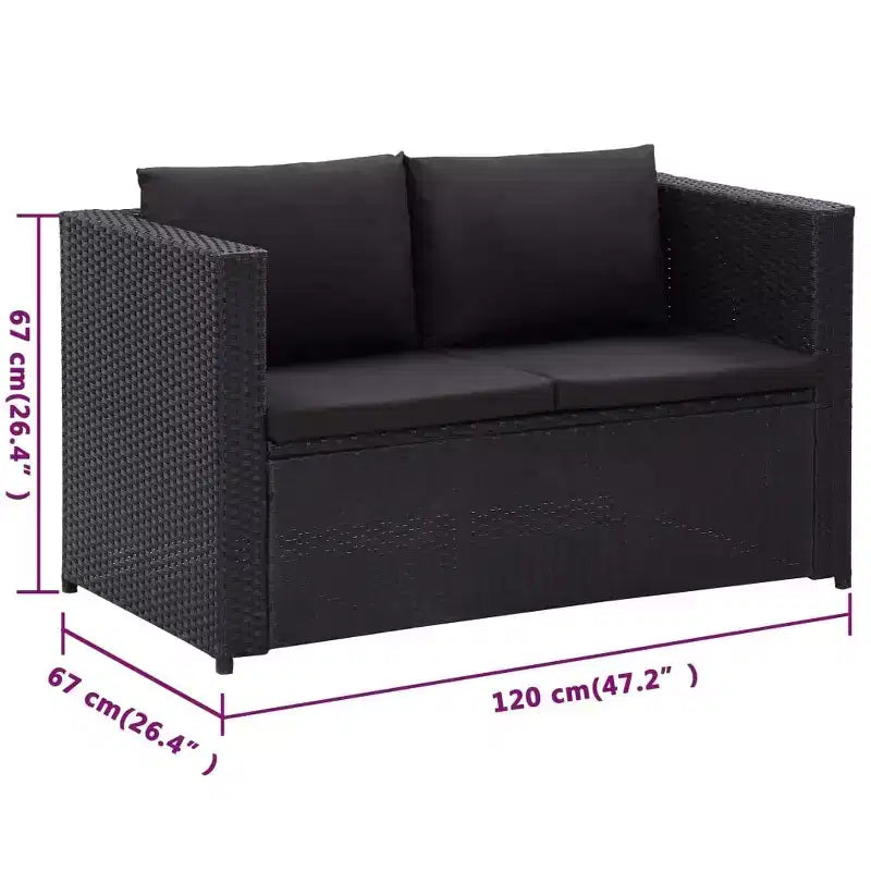 vidaXL - 3 Piece Poly Rattan Patio Lounge Set with Cushions, Black - Weather-Resistant, Outdoor Sofa Set with Sturdy Steel Frame and Easy to Clean
