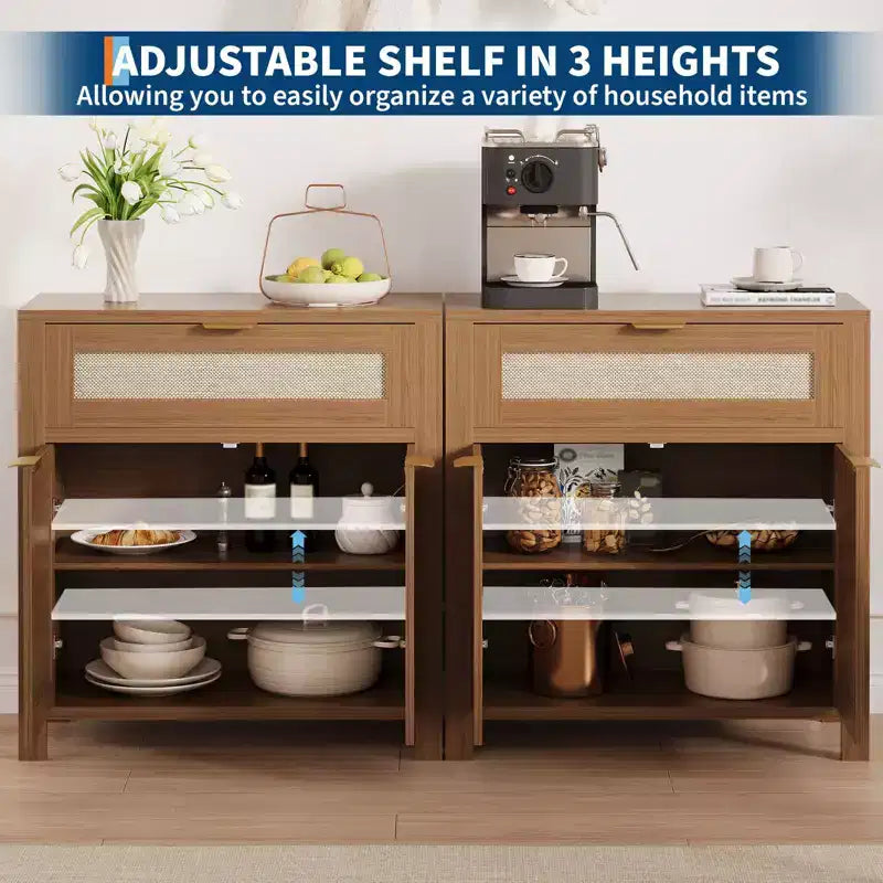 Rattan Sideboard Buffet Cabinet, Coffee Bar Cabinet with Drawer & Adjustable Shelves, TV Stand Console Table, Kitchen Pantry Cabinet