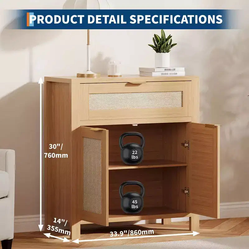 Rattan Sideboard Buffet Cabinet, Coffee Bar Cabinet with Drawer & Adjustable Shelves, TV Stand Console Table, Kitchen Pantry Cabinet