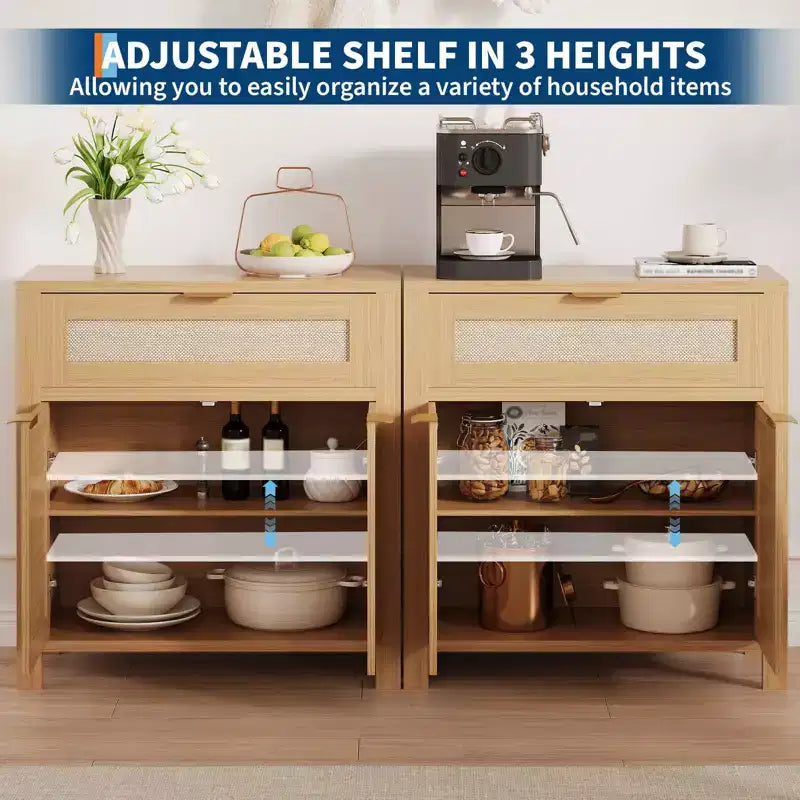 Rattan Sideboard Buffet Cabinet, Coffee Bar Cabinet with Drawer & Adjustable Shelves, TV Stand Console Table, Kitchen Pantry Cabinet