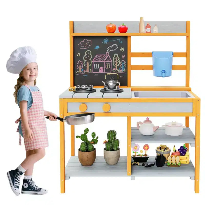 Cuisine de boue en bois d'extérieur pour enfants avec évier et robinet amovibles, tableau double face, étagères de rangement et cuisinière factice