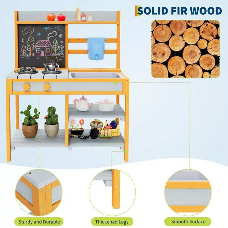 Cuisine de boue en bois d'extérieur pour enfants avec évier et robinet amovibles, tableau double face, étagères de rangement et cuisinière factice
