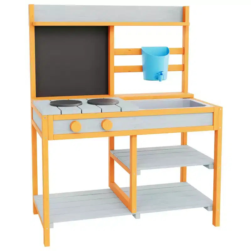 Cuisine de boue en bois d'extérieur pour enfants avec évier et robinet amovibles, tableau double face, étagères de rangement et cuisinière factice