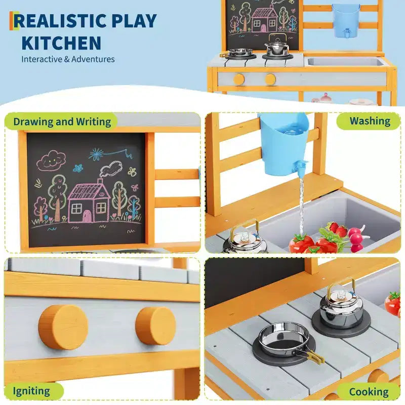 Cuisine de boue en bois d'extérieur pour enfants avec évier et robinet amovibles, tableau double face, étagères de rangement et cuisinière factice