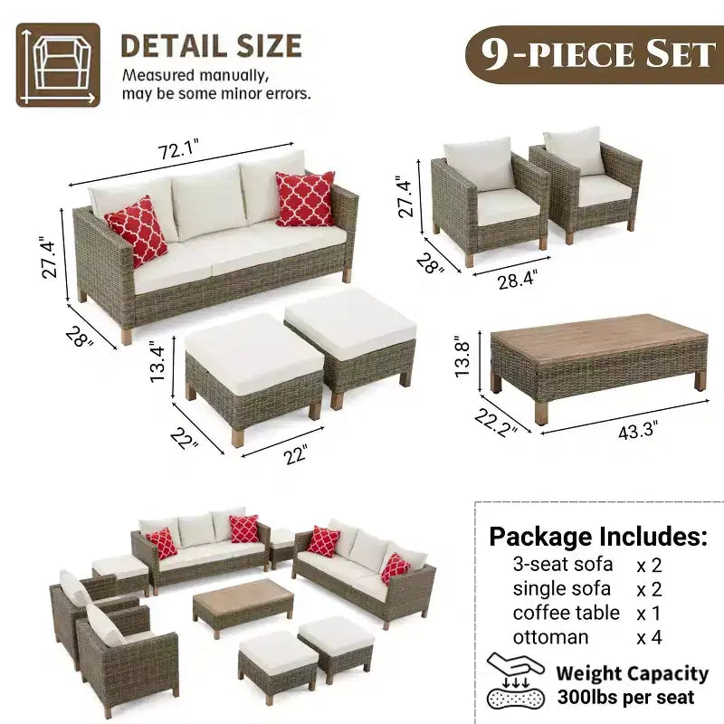 9 Piece Patio Conversation Sets with Cushions and Coffee Table