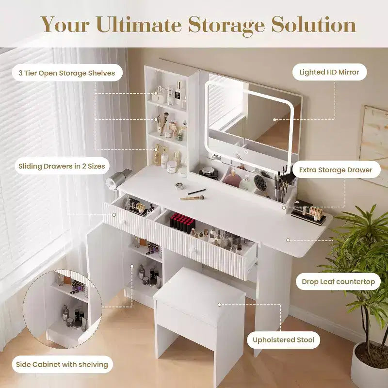 CuisinSmart Makeup Vanity Set, Makeup Desk with 3 Lighting Modes, Drawers & Storage Shelves, Storage Stool, Dressing Table for Bedroom