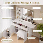 CuisinSmart Makeup Vanity Set, Makeup Desk with 3 Lighting Modes, Drawers & Storage Shelves, Storage Stool, Dressing Table for Bedroom