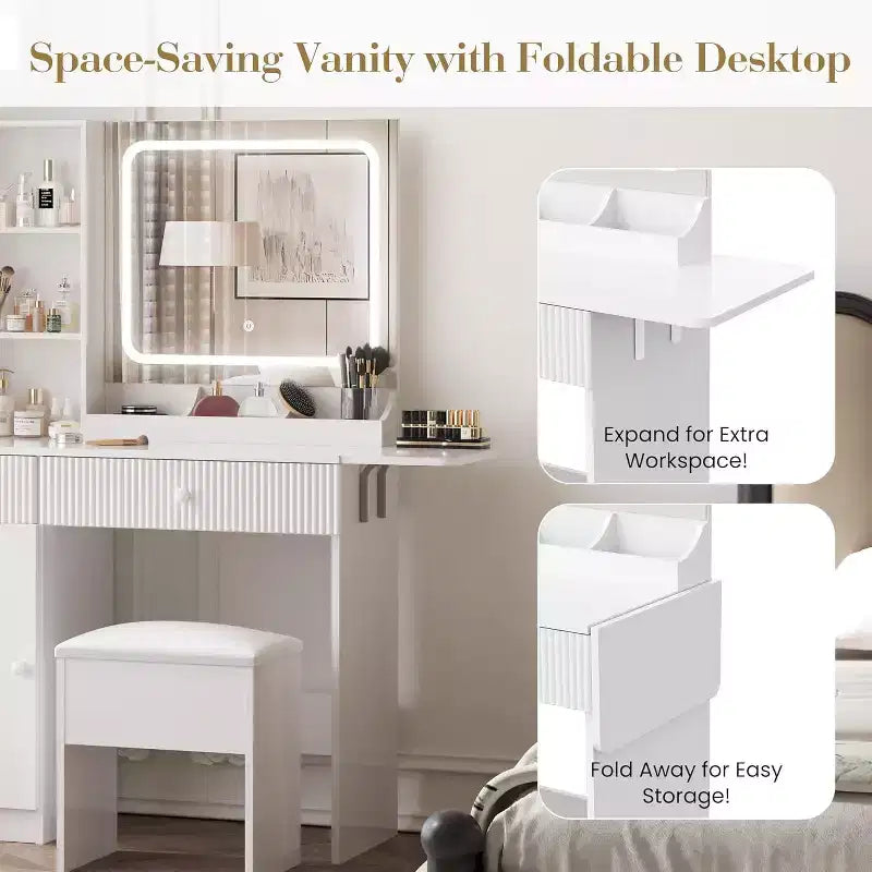 CuisinSmart Makeup Vanity Set, Makeup Desk with 3 Lighting Modes, Drawers & Storage Shelves, Storage Stool, Dressing Table for Bedroom