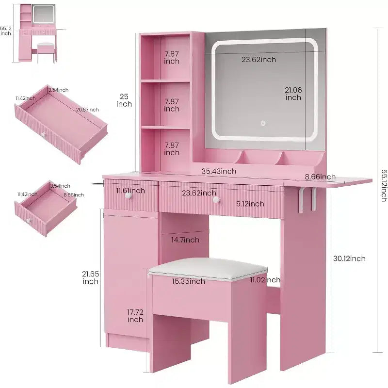 CuisinSmart Makeup Vanity Set, Makeup Desk with 3 Lighting Modes, Drawers & Storage Shelves, Storage Stool, Dressing Table for Bedroom