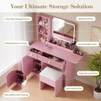CuisinSmart Makeup Vanity Set, Makeup Desk with 3 Lighting Modes, Drawers & Storage Shelves, Storage Stool, Dressing Table for Bedroom