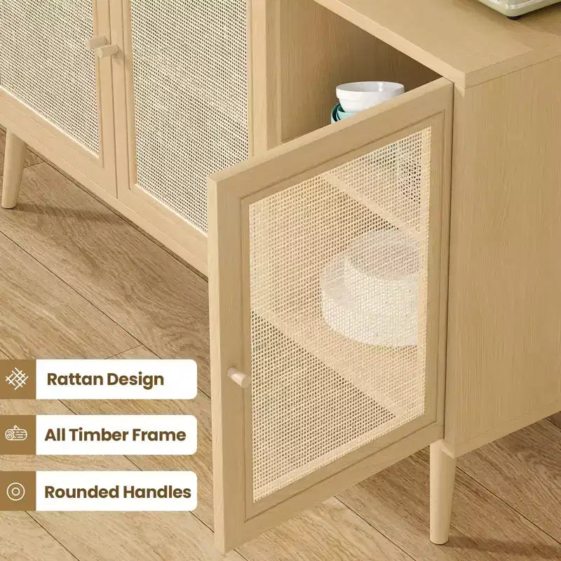 PexFix Sideboard Buffet Cabinet Kitchen Cabinet with 3 Rattan Doors and Adjustable Shelves