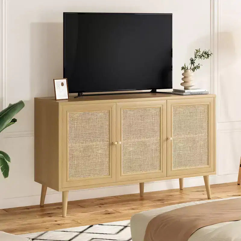 PexFix Sideboard Buffet Cabinet Kitchen Cabinet with 3 Rattan Doors and Adjustable Shelves