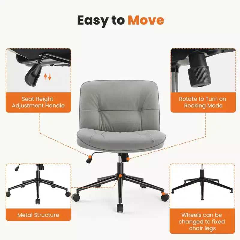 MAYEERTY Chair Modern Home Criss Cross Legged Armless Wide Seat with Wheels Swivel Height Adjustable Comfy Computer Task Seating Room