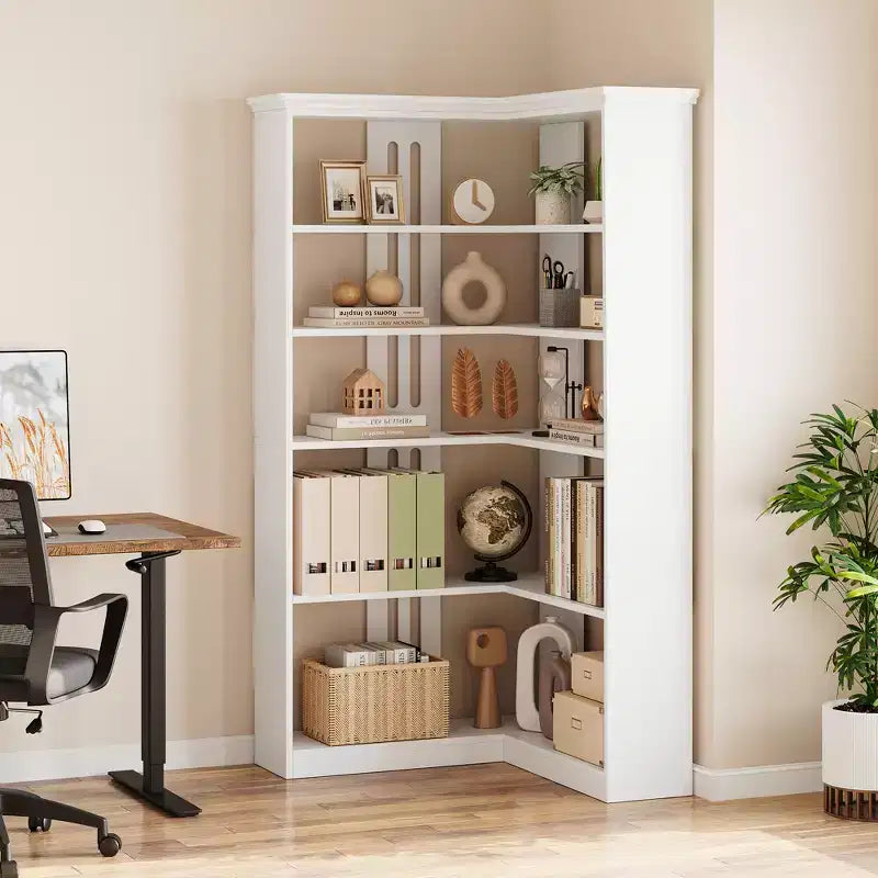 Étagère d'angle CuisinSmart style ferme, avec 5 niveaux, bibliothèque haute, étagère en forme de L, grande étagère de présentation