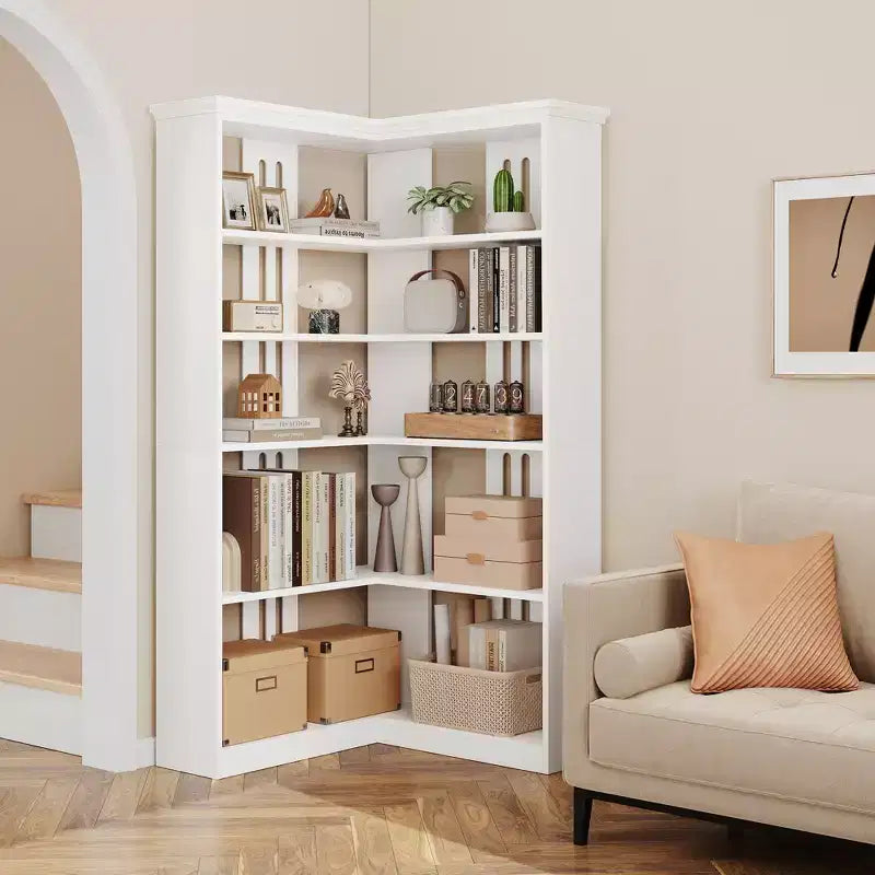 Étagère d'angle CuisinSmart style ferme, avec 5 niveaux, bibliothèque haute, étagère en forme de L, grande étagère de présentation