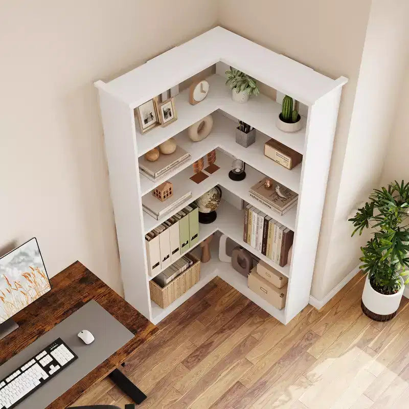 Étagère d'angle CuisinSmart style ferme, avec 5 niveaux, bibliothèque haute, étagère en forme de L, grande étagère de présentation