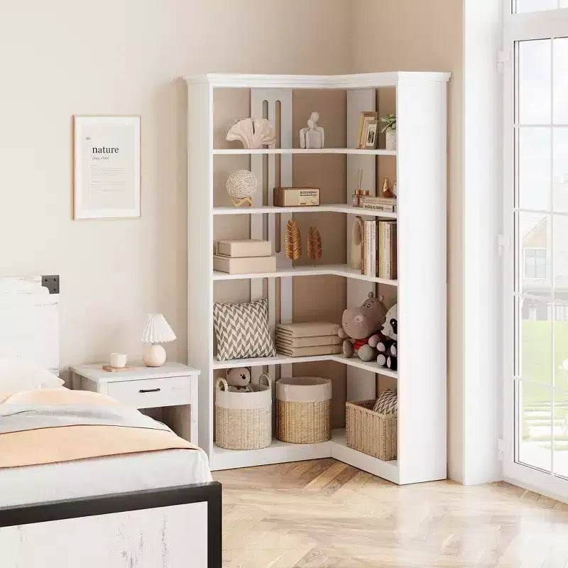 Étagère d'angle CuisinSmart style ferme, avec 5 niveaux, bibliothèque haute, étagère en forme de L, grande étagère de présentation