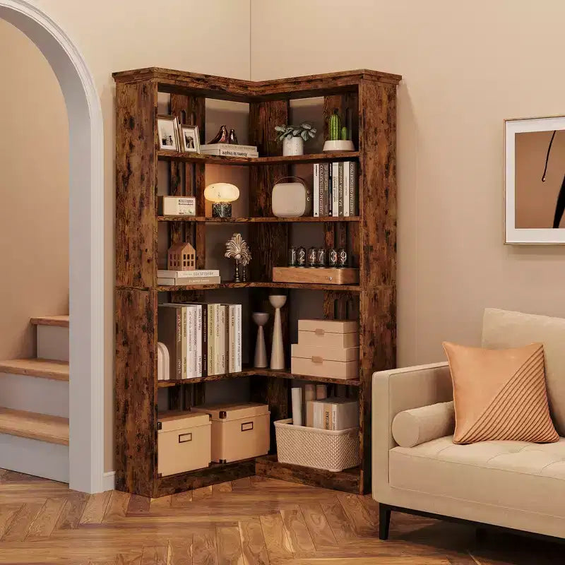 Étagère d'angle CuisinSmart style ferme, avec 5 niveaux, bibliothèque haute, étagère en forme de L, grande étagère de présentation