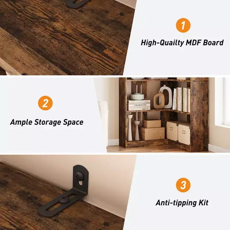 Étagère d'angle CuisinSmart style ferme, avec 5 niveaux, bibliothèque haute, étagère en forme de L, grande étagère de présentation