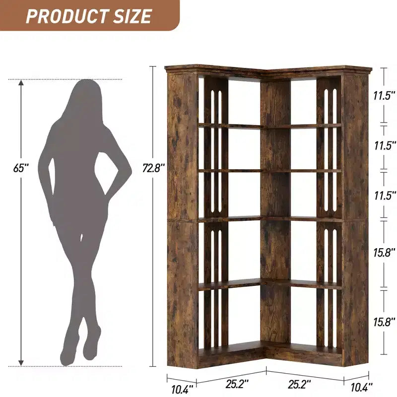 Étagère d'angle CuisinSmart style ferme, avec 5 niveaux, bibliothèque haute, étagère en forme de L, grande étagère de présentation