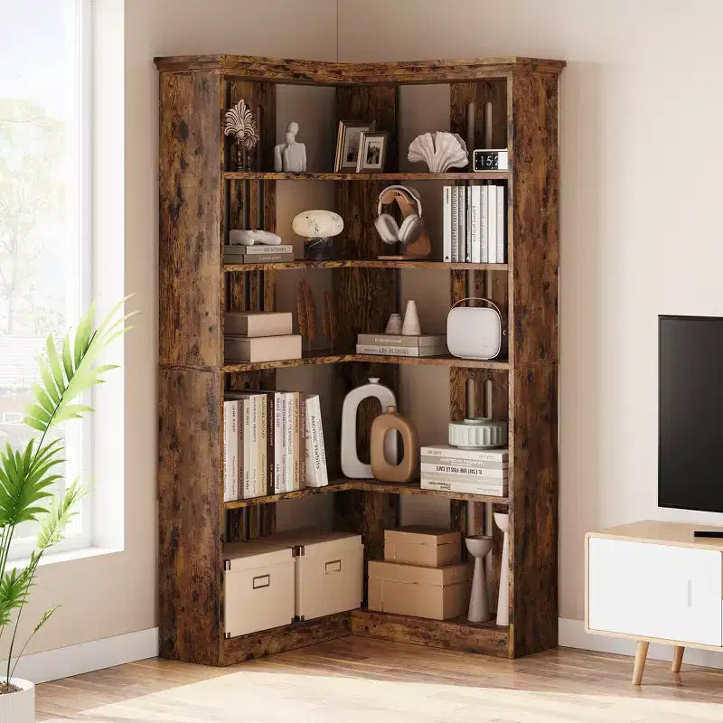 Étagère d'angle CuisinSmart style ferme, avec 5 niveaux, bibliothèque haute, étagère en forme de L, grande étagère de présentation