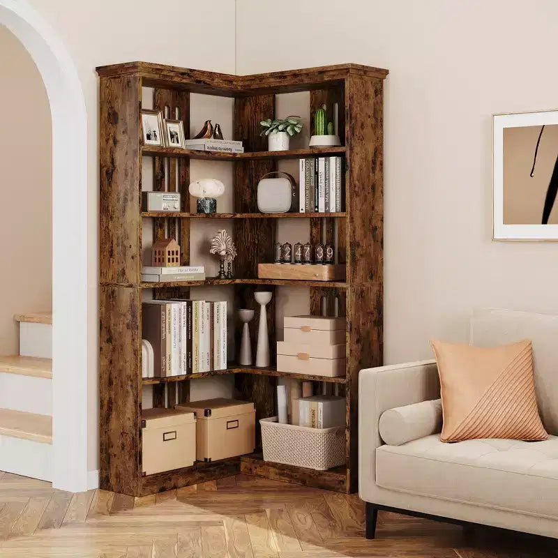 Étagère d'angle CuisinSmart style ferme, avec 5 niveaux, bibliothèque haute, étagère en forme de L, grande étagère de présentation