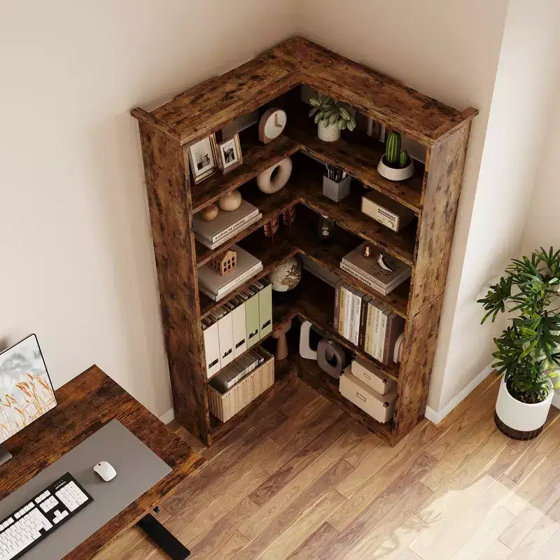 Étagère d'angle CuisinSmart style ferme, avec 5 niveaux, bibliothèque haute, étagère en forme de L, grande étagère de présentation