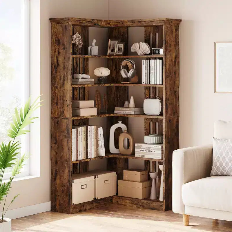 Étagère d'angle CuisinSmart style ferme, avec 5 niveaux, bibliothèque haute, étagère en forme de L, grande étagère de présentation
