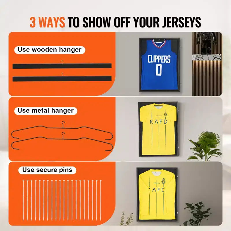 VEVOR Lot de 2 présentoirs pour maillots, 59,2 x 79,2 x 3,8 cm, grande vitrine à maillots de sport verrouillable avec verre PC anti-UV 98 % et cintres, noir