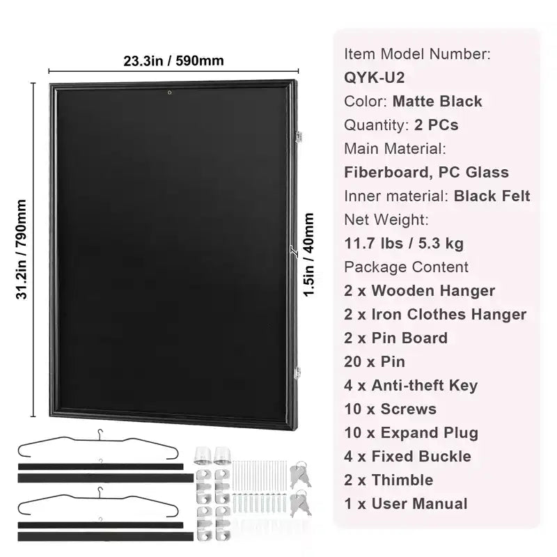 VEVOR Lot de 2 présentoirs pour maillots, 59,2 x 79,2 x 3,8 cm, grande vitrine à maillots de sport verrouillable avec verre PC anti-UV 98 % et cintres, noir