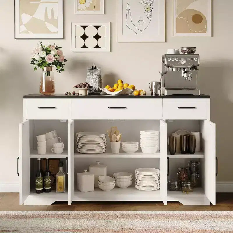 Buffet de rangement de 140 cm, avec 3 tiroirs et 4 portes, Buffet, Meuble de bar de style rustique