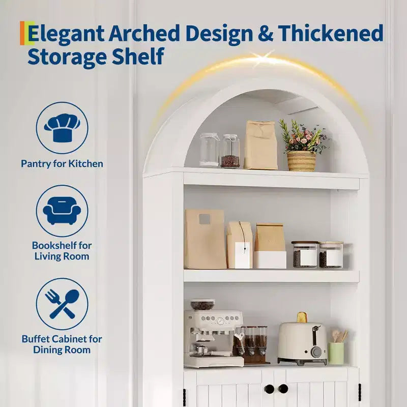 72 Tall Arched Pantry Cabinet, Kitchen Pantry Cabinet with Adjustable Shelf & Handles, Wood Storage Cabinet for Dining Room, Kitchen, Living Room