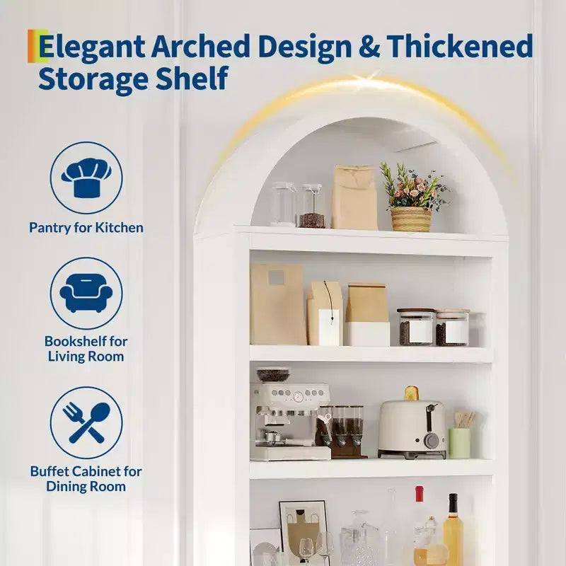 72 Tall Arched Pantry Cabinet, Kitchen Pantry Cabinet with Adjustable Shelf & Handles, Wood Storage Cabinet for Dining Room, Kitchen, Living Room