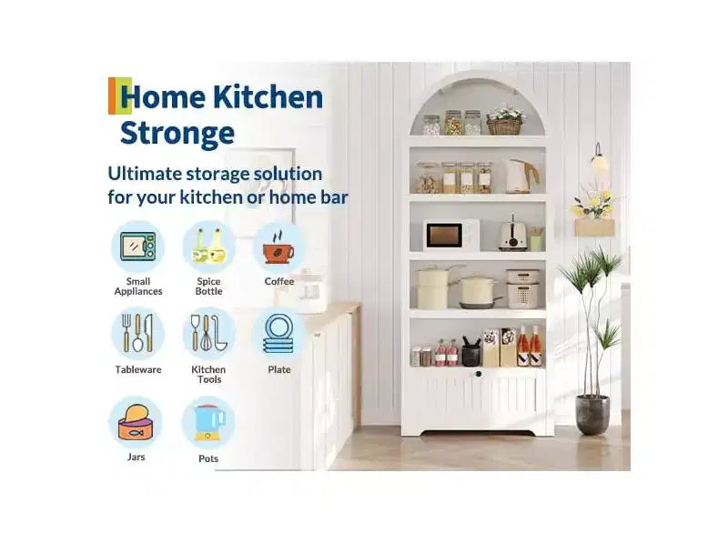 72 Tall Arched Pantry Cabinet, Kitchen Pantry Cabinet with Adjustable Shelf & Handles, Wood Storage Cabinet for Dining Room, Kitchen, Living Room