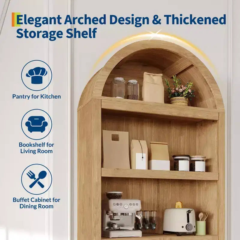72 Tall Arched Pantry Cabinet, Kitchen Pantry Cabinet with Adjustable Shelf & Handles, Wood Storage Cabinet for Dining Room, Kitchen, Living Room
