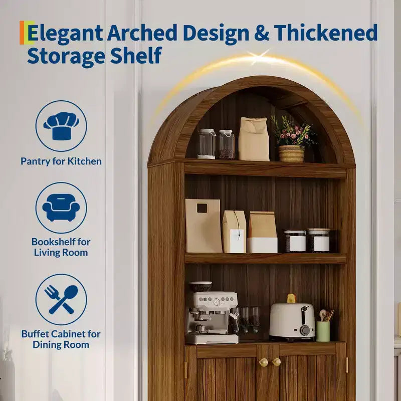 72 Tall Arched Pantry Cabinet, Kitchen Pantry Cabinet with Adjustable Shelf & Handles, Wood Storage Cabinet for Dining Room, Kitchen, Living Room