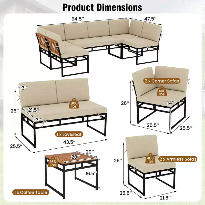 Costway 6 PCS Outdoor Sectional Sofa Set Metal Conversation Set with Bungee Rope Seat