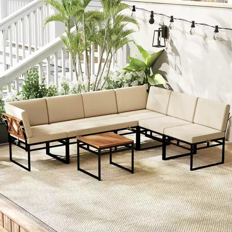 Costway 6 PCS Outdoor Sectional Sofa Set Metal Conversation Set with Bungee Rope Seat