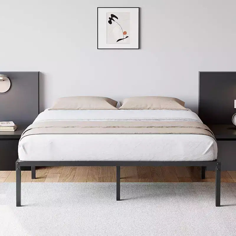 Cadre de lit double en métal Acekool, plateforme de 40,6 cm de haut, support robuste de 453,6 kg, pas besoin de sommier, espace de rangement, lattes en acier robustes, noir