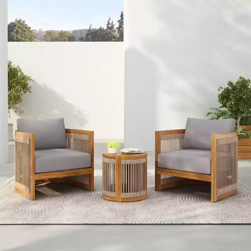 Christopher Knight Home Krizzix Boho 3 Piece Outdoor Acacia Wood Woven Rope Seating Set with Cushions
