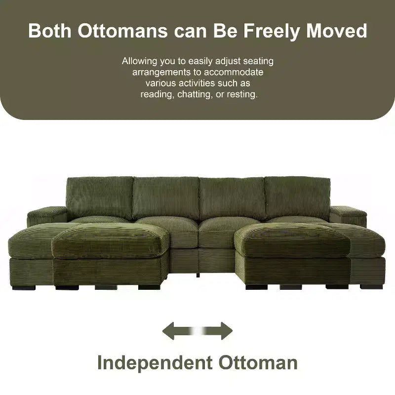 Dovelina Sectional Sofa Deep Seat Green Couch with Ottomans for 4 Seat