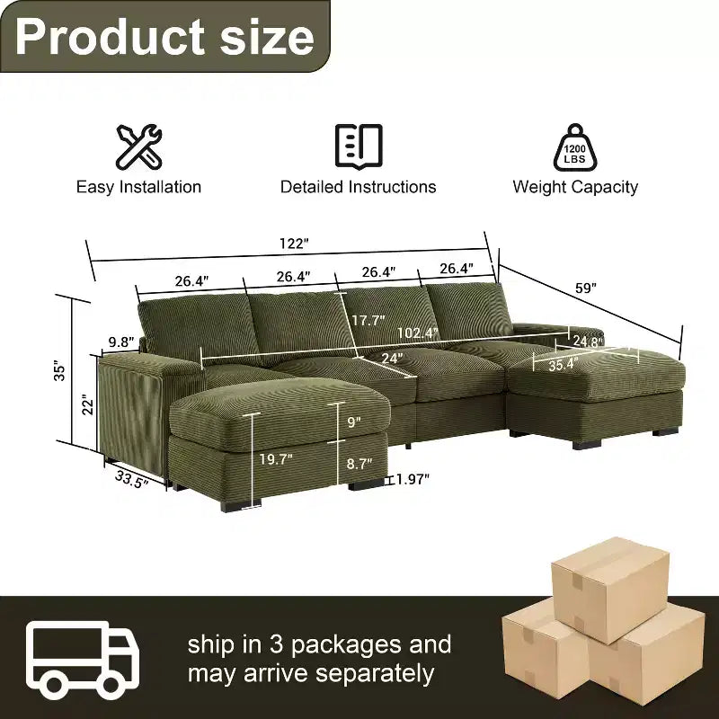 Dovelina Sectional Sofa Deep Seat Green Couch with Ottomans for 4 Seat