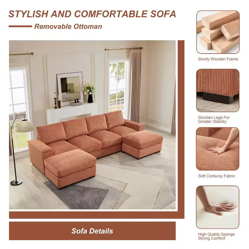Dovelina Sectional Sofa Deep Seat Green Couch with Ottomans for 4 Seat