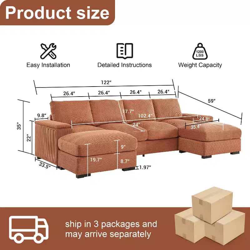Dovelina Sectional Sofa Deep Seat Green Couch with Ottomans for 4 Seat