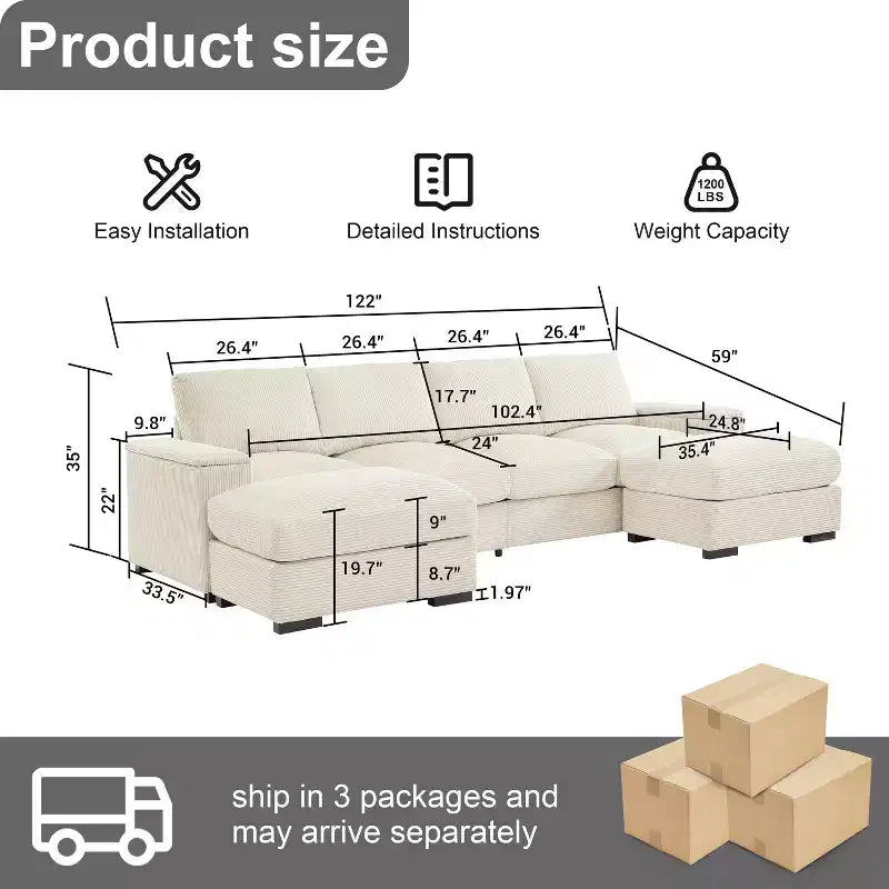 Dovelina Sectional Sofa Deep Seat Green Couch with Ottomans for 4 Seat