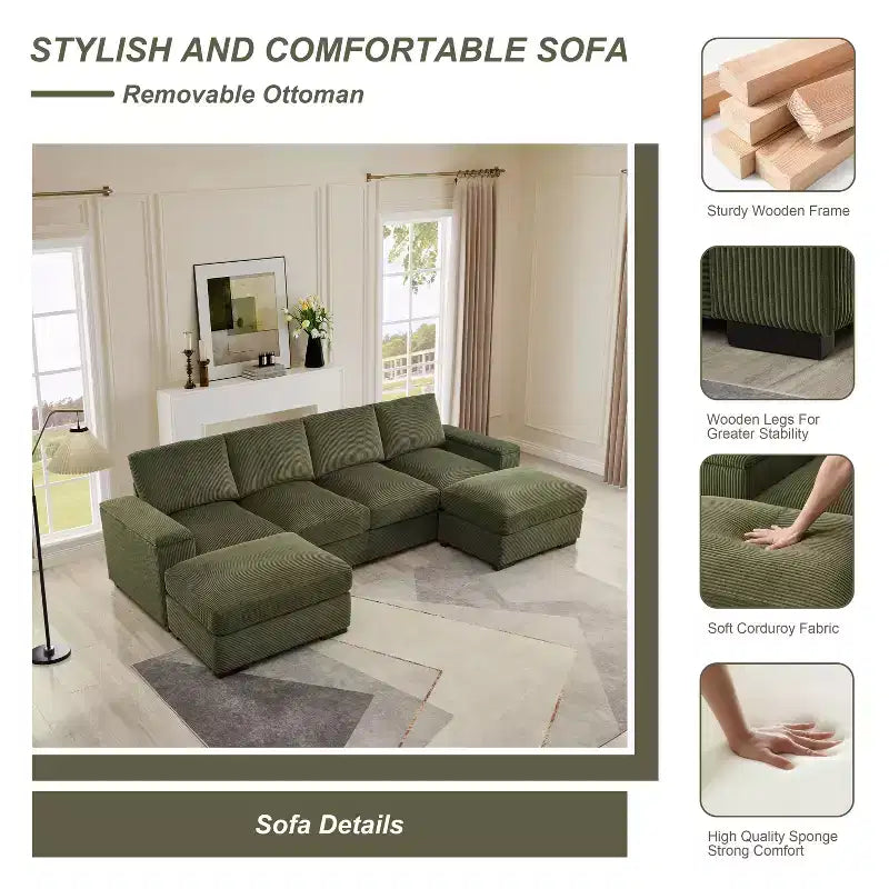 Dovelina Sectional Sofa Deep Seat Green Couch with Ottomans for 4 Seat