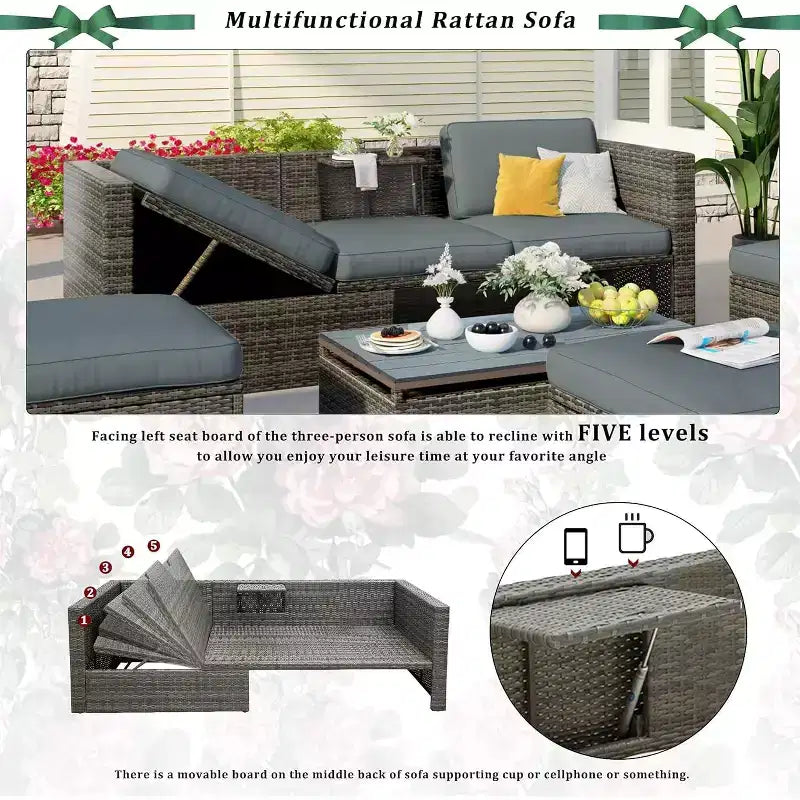 Bestier Patio Furniture Sets, Outdoor Wicker Conversation Set with Lift Top Table, Adjustable Backrest, Ottomans, Modular Sectional Sofa for Backyard