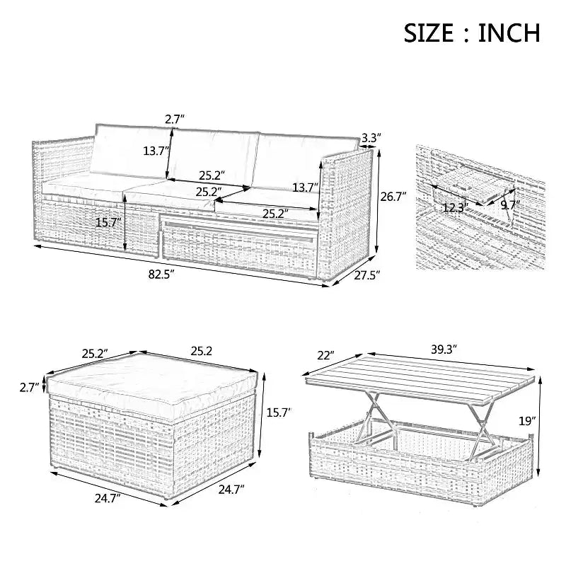 Bestier Patio Furniture Sets, Outdoor Wicker Conversation Set with Lift Top Table, Adjustable Backrest, Ottomans, Modular Sectional Sofa for Backyard