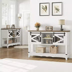 Table d'entrée de ferme avec rangement, Console blanche avec portes coulissantes de grange, Table de canapé en bois avec placard pour entrée et salon